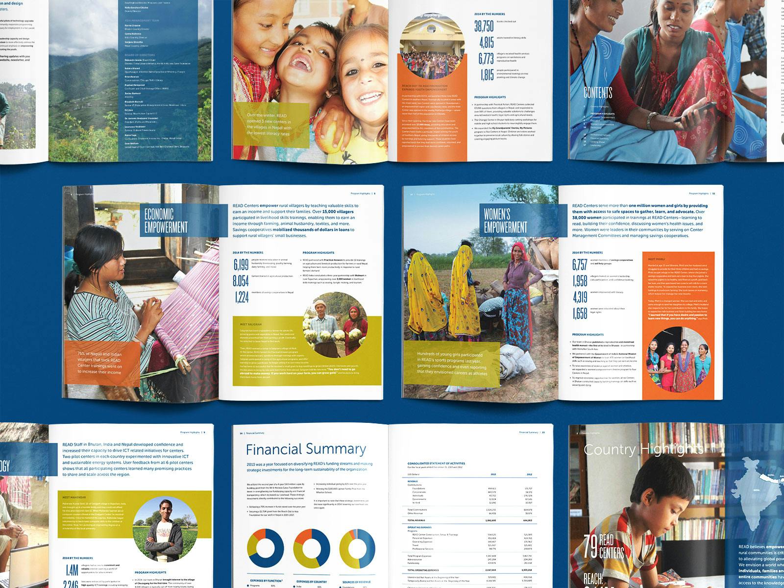 Photo of eight copies of Read Global - 2014 Annual Empowerment Report open on various pages showing charts, tables, and infographics