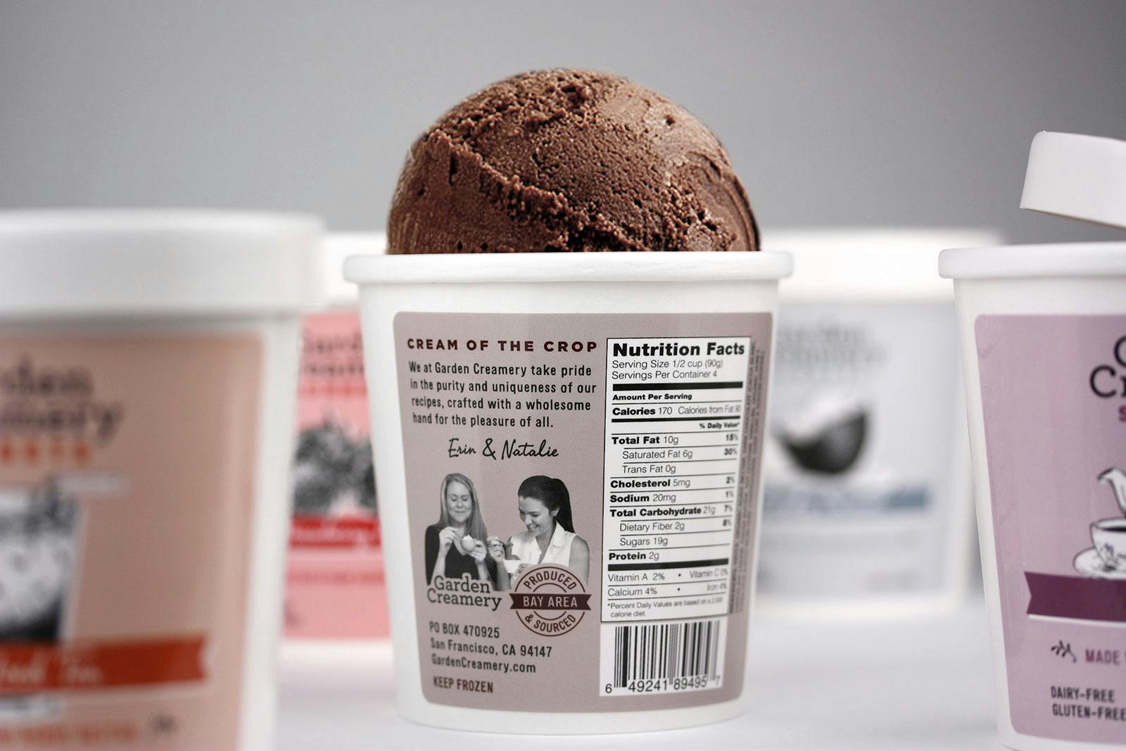 Garden Creamery Sorbets packaging showing the back of the packaging with nutrition facts and ice cream coming out of the top.
