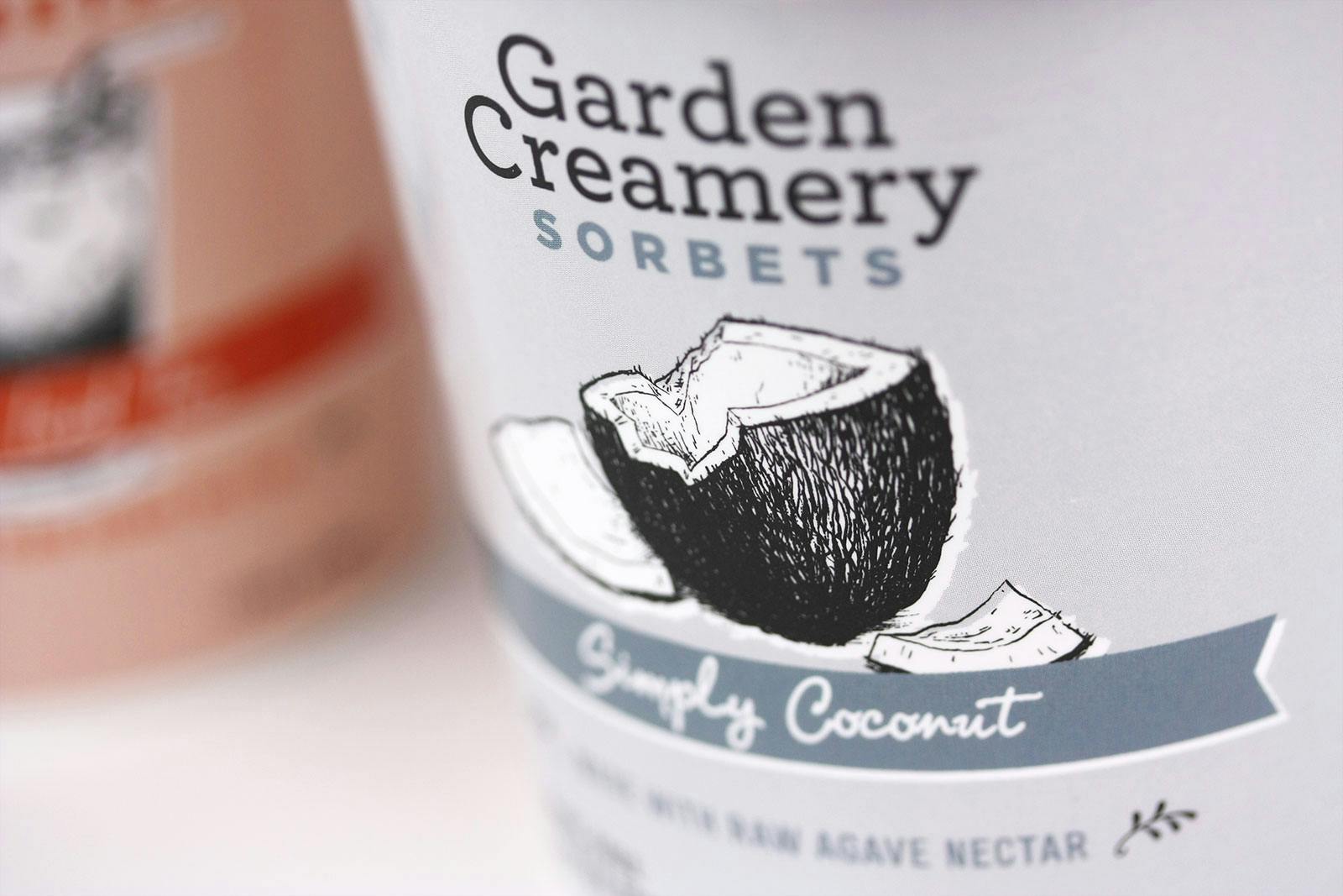 Garden Creamery Sorbets packaging in various flavours zoomed in on Simply Coconut